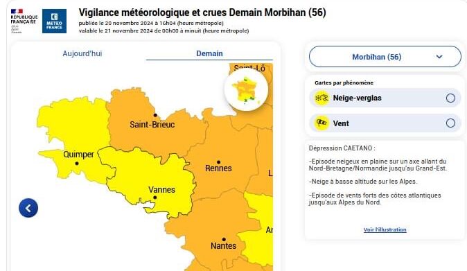 Météo du 20 novembre 2024 – vigilance jaune neige/verglas et vents violents